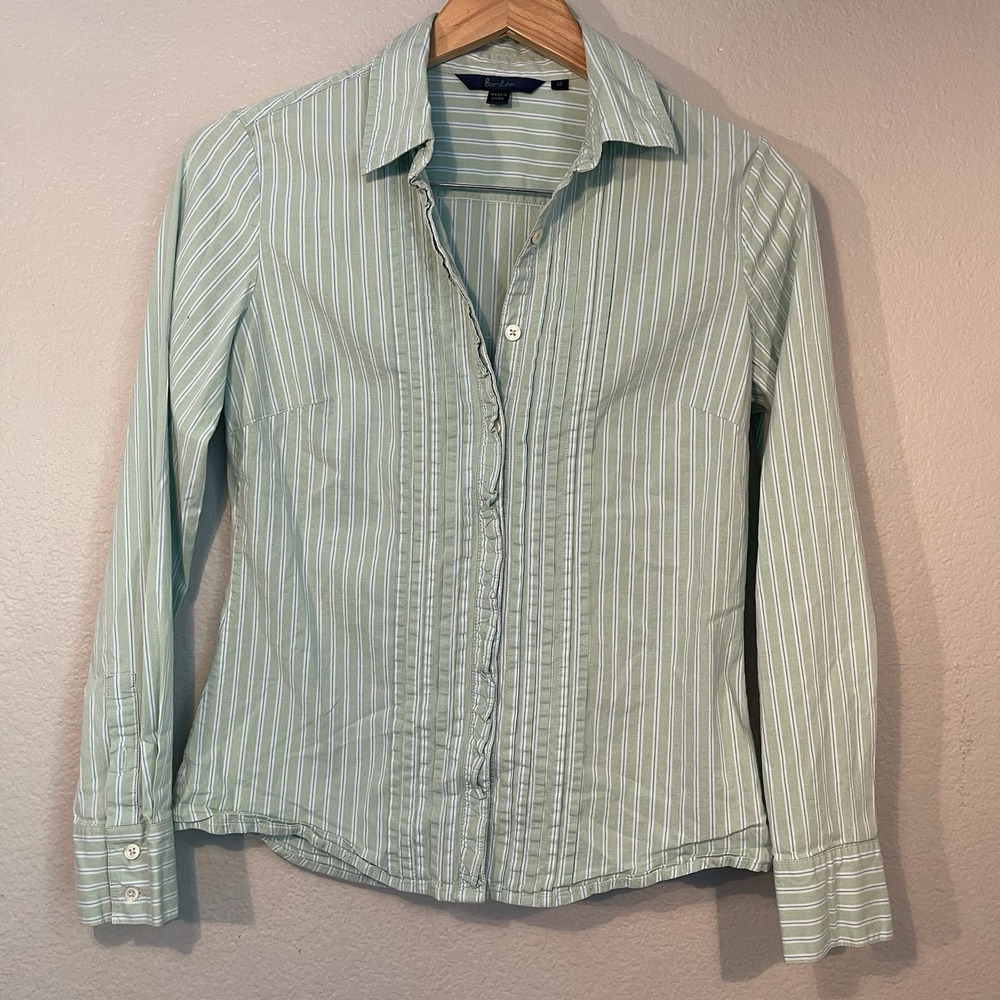 Boden Womens 12 Shirt Green White Classic Striped Long Sleeve Casual Button Up